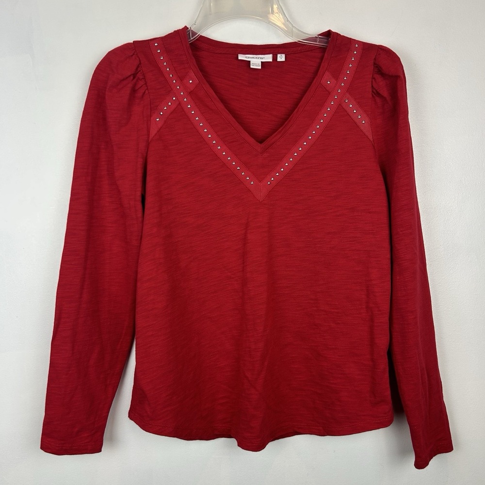 Chicos Tunic Top Womens Small 0 Red Cotton Blend Studded Puff Sleeve Casual